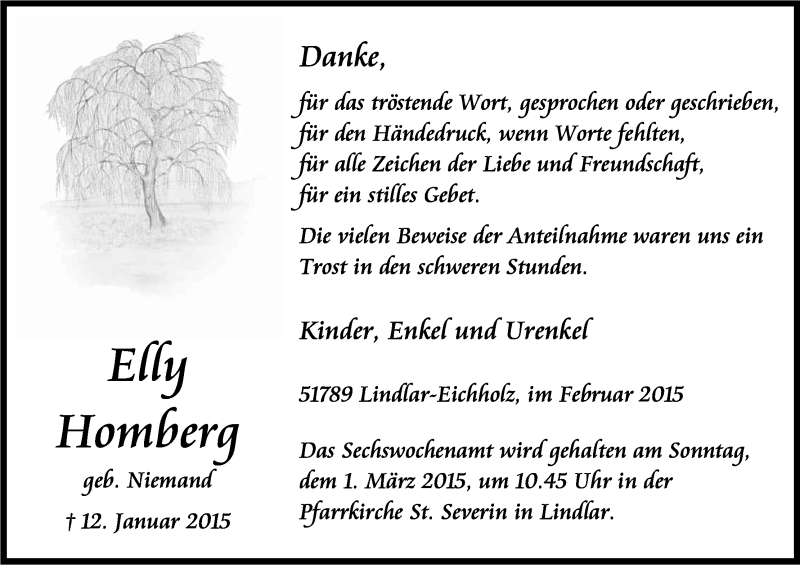  Traueranzeige für Elly Homberg vom 28.02.2015 aus Kölner Stadt-Anzeiger / Kölnische Rundschau / Express