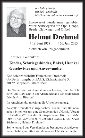 Anzeige von Helmut Drehmel von  Werbepost 