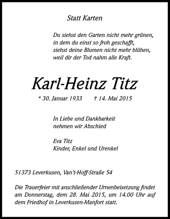 Anzeige von Karl-Heinz Titz von Kölner Stadt-Anzeiger / Kölnische Rundschau / Express