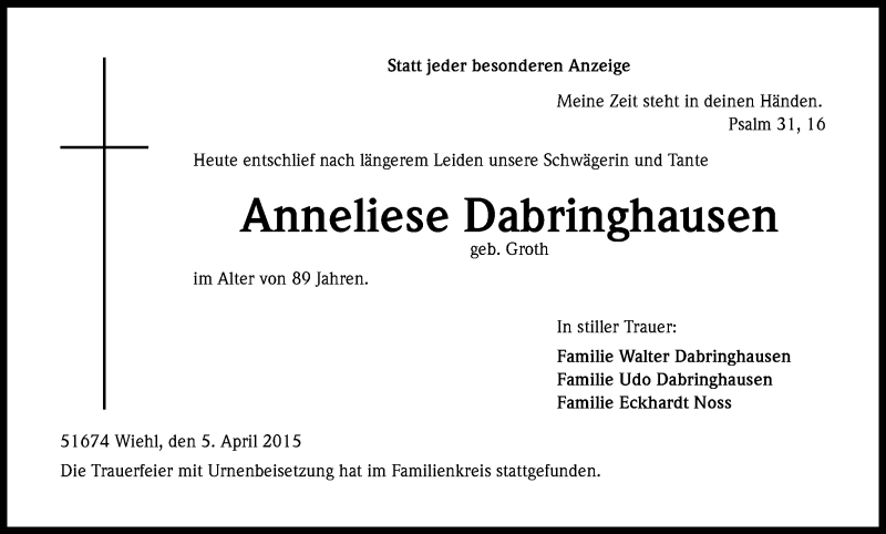  Traueranzeige für Anneliese Dabringhausen vom 11.04.2015 aus Kölner Stadt-Anzeiger / Kölnische Rundschau / Express
