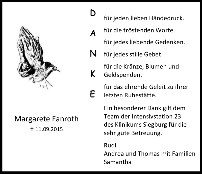  Traueranzeige für Margarete Fanroth vom 17.10.2015 aus Kölner Stadt-Anzeiger / Kölnische Rundschau / Express