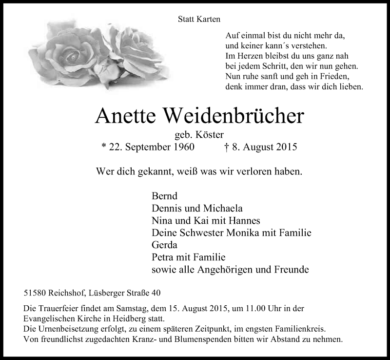  Traueranzeige für Anette Weidenbrücher vom 12.08.2015 aus Kölner Stadt-Anzeiger / Kölnische Rundschau / Express