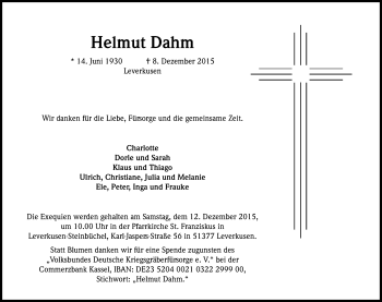 Anzeige von Helmut Dahm von Kölner Stadt-Anzeiger / Kölnische Rundschau / Express