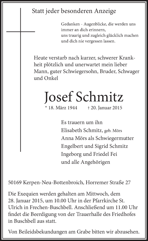 Traueranzeige für Josef Schmitz vom 24.01.2015 aus  Sonntags-Post 