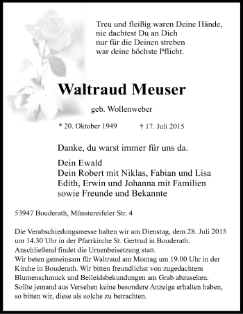 Anzeige von Waltraud Meuser von Kölner Stadt-Anzeiger / Kölnische Rundschau / Express