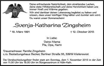 Anzeige von Svenja-Katharina Zingsheim von Kölner Stadt-Anzeiger / Kölnische Rundschau / Express