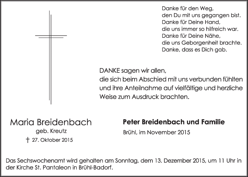  Traueranzeige für Maria Breidenbach vom 02.12.2015 aus  Schlossbote/Werbekurier 