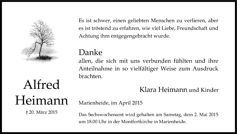  Traueranzeige für Alfred Heimann vom 29.04.2015 aus Kölner Stadt-Anzeiger / Kölnische Rundschau / Express