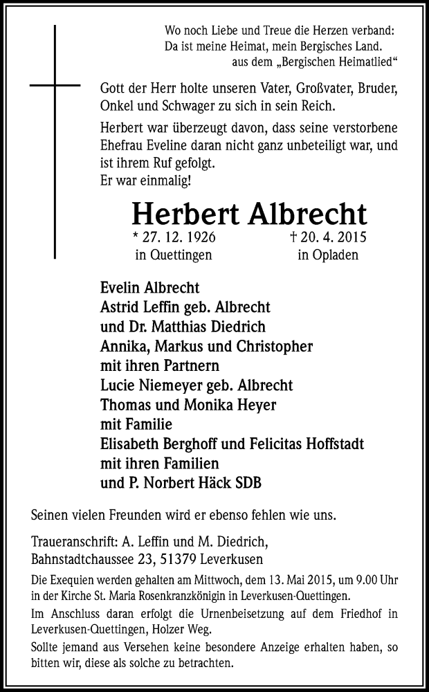  Traueranzeige für Herbert Albrecht vom 02.05.2015 aus Kölner Stadt-Anzeiger / Kölnische Rundschau / Express