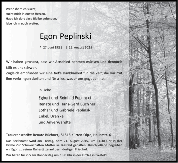 Anzeige von Egon Peplinski von Kölner Stadt-Anzeiger / Kölnische Rundschau / Express