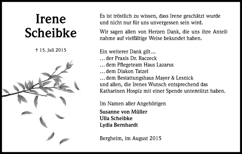  Traueranzeige für Irene Scheibke vom 29.08.2015 aus Kölner Stadt-Anzeiger / Kölnische Rundschau / Express