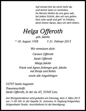 Anzeige von Helga Offeroth von Kölner Stadt-Anzeiger / Kölnische Rundschau / Express