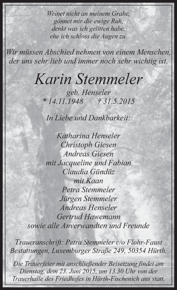  Traueranzeige für Karin Stemmeler vom 17.06.2015 aus  Wochenende 