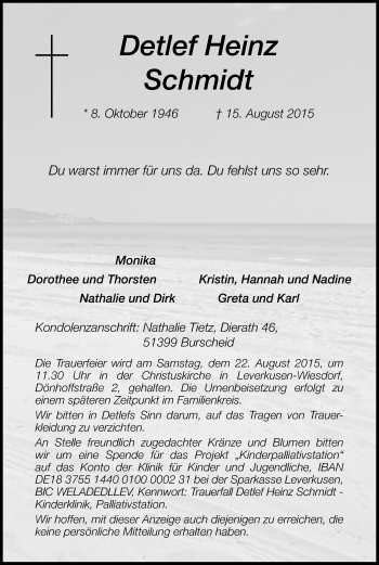 Anzeige von Detlef Heinz Schmidt von Kölner Stadt-Anzeiger / Kölnische Rundschau / Express
