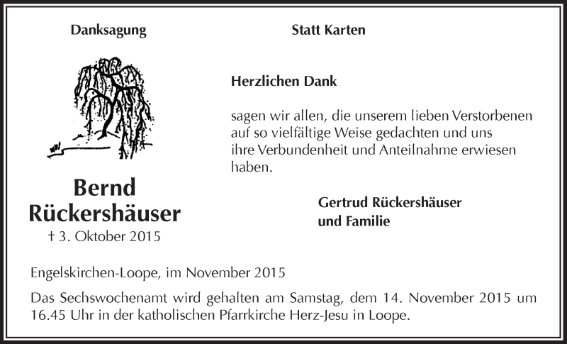  Traueranzeige für Bernd Rückershäuser vom 04.11.2015 aus  Anzeigen Echo 
