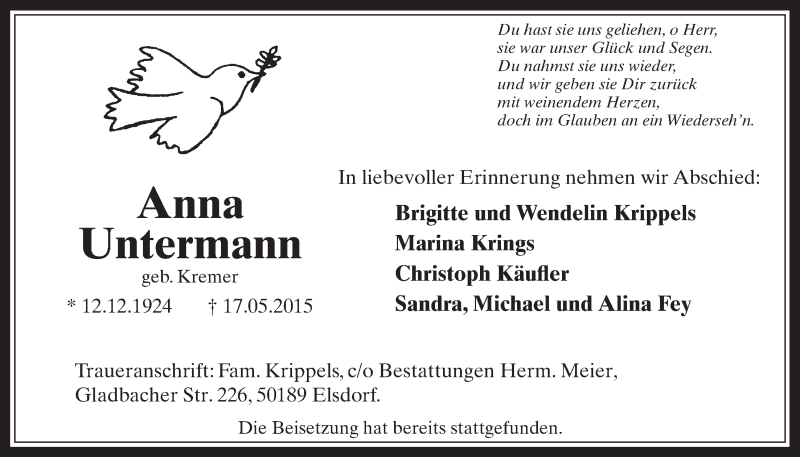  Traueranzeige für Anna Untermann vom 27.05.2015 aus  Werbepost 