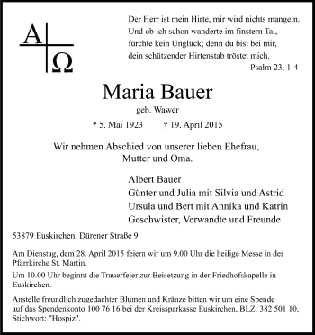 Anzeige von Maria Bauer von Kölner Stadt-Anzeiger / Kölnische Rundschau / Express