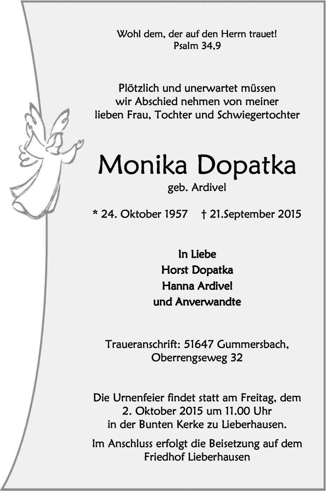  Traueranzeige für Monika Dopatka vom 26.09.2015 aus Kölner Stadt-Anzeiger / Kölnische Rundschau / Express