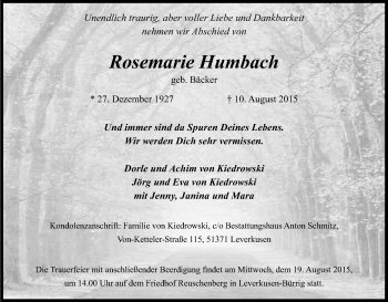 Anzeige von Rosemarie Humbach von Kölner Stadt-Anzeiger / Kölnische Rundschau / Express