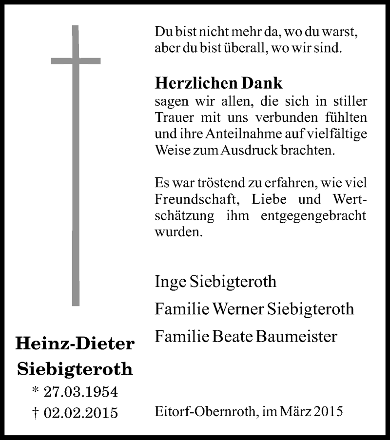 Traueranzeige für Heinz-Dieter Siebigteroth vom 07.03.2015 aus Kölner Stadt-Anzeiger / Kölnische Rundschau / Express