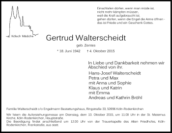 Anzeige von Gertrud Walterscheidt von Kölner Stadt-Anzeiger / Kölnische Rundschau / Express