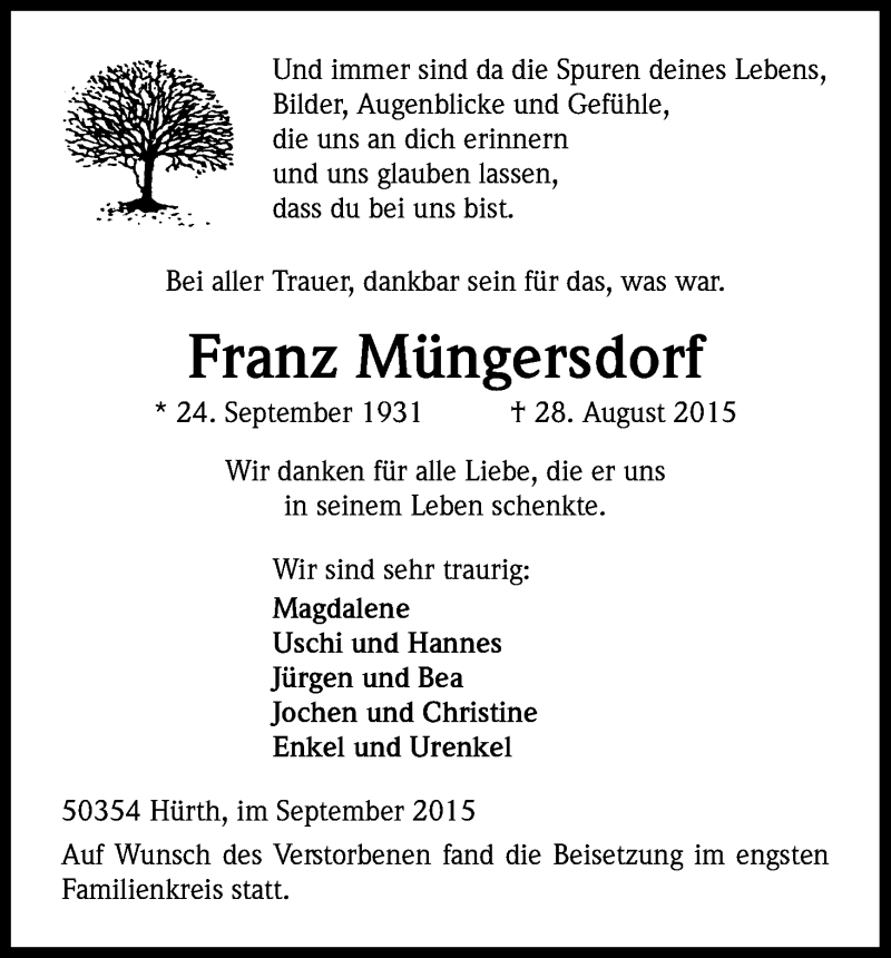  Traueranzeige für Franz Müngersdorf vom 19.09.2015 aus Kölner Stadt-Anzeiger / Kölnische Rundschau / Express
