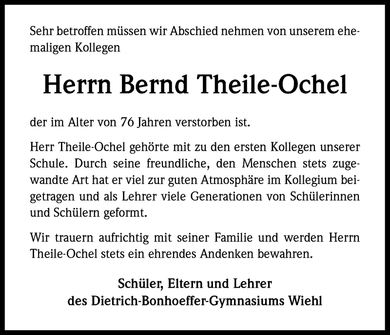  Traueranzeige für Bernd Theile-Ochel vom 04.03.2015 aus Kölner Stadt-Anzeiger / Kölnische Rundschau / Express