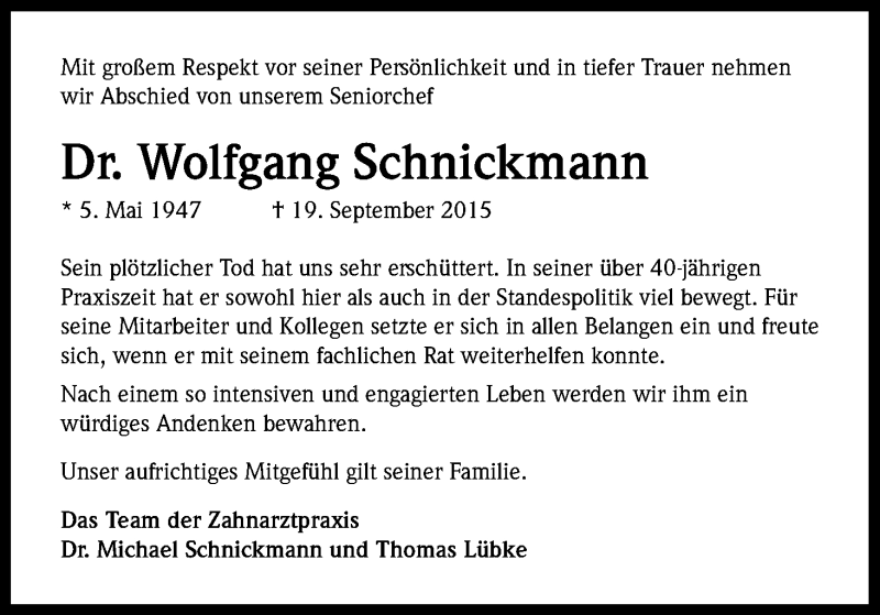  Traueranzeige für Wolfgang Schnickmann vom 26.09.2015 aus Kölner Stadt-Anzeiger / Kölnische Rundschau / Express