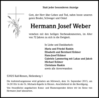 Anzeige von Hermann Josef Weber von Kölner Stadt-Anzeiger / Kölnische Rundschau / Express