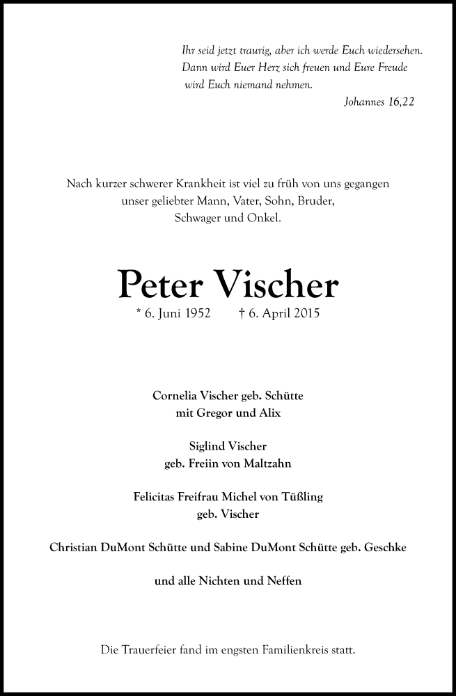 Traueranzeige für Peter Vischer vom 15.04.2015 aus Kölner Stadt-Anzeiger / Kölnische Rundschau / Express