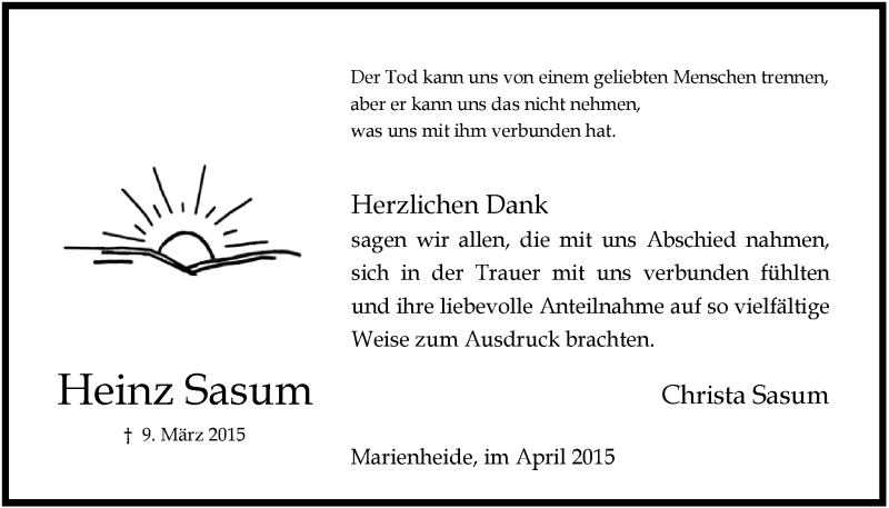  Traueranzeige für Heinz Sasum vom 22.04.2015 aus  Anzeigen Echo 