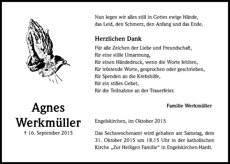  Traueranzeige für Agnes Werkmüller vom 21.10.2015 aus  Anzeigen Echo 