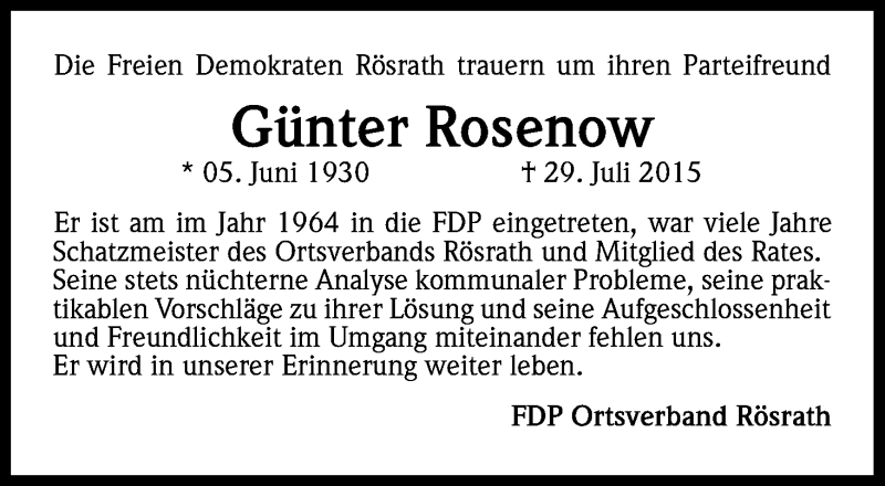  Traueranzeige für Günter Rosenow vom 18.08.2015 aus Kölner Stadt-Anzeiger / Kölnische Rundschau / Express