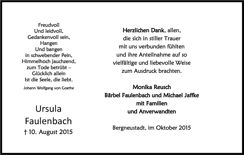 Traueranzeige für Ursula Faulenbach vom 19.10.2015 aus Kölner Stadt-Anzeiger / Kölnische Rundschau / Express