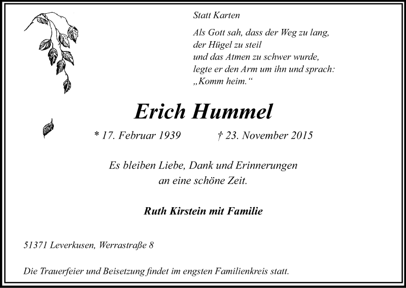  Traueranzeige für Erich Hummel vom 28.11.2015 aus Kölner Stadt-Anzeiger / Kölnische Rundschau / Express