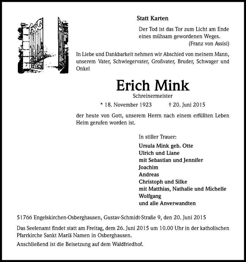  Traueranzeige für Erich Mink vom 24.06.2015 aus Kölner Stadt-Anzeiger / Kölnische Rundschau / Express