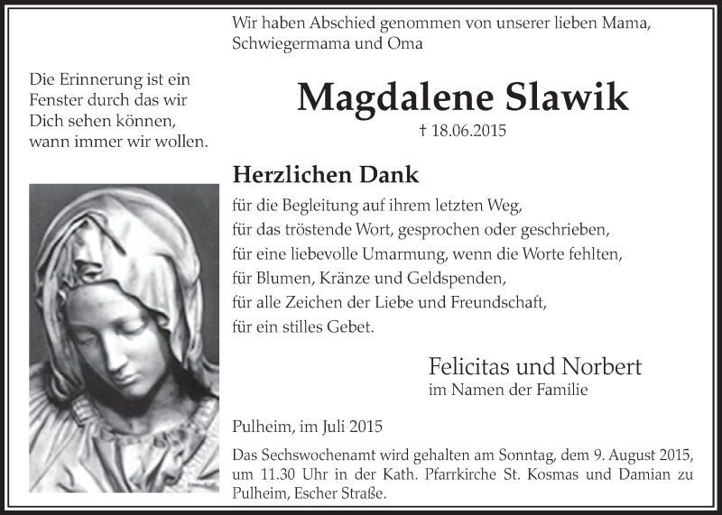  Traueranzeige für Magdalene Slawik vom 11.07.2015 aus  Sonntags-Post 