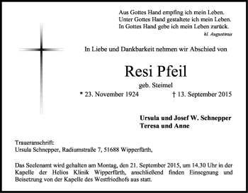 Anzeige von Resi Pfeil von Kölner Stadt-Anzeiger / Kölnische Rundschau / Express