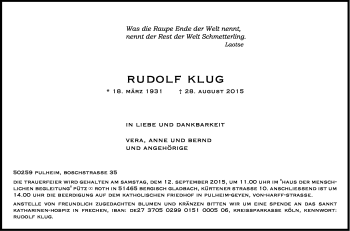 Anzeige von Rudolf Klug von Kölner Stadt-Anzeiger / Kölnische Rundschau / Express