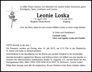 Anzeige von Leonie Loska von Kölner Stadt-Anzeiger / Kölnische Rundschau / Express
