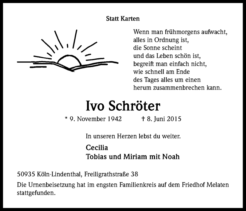  Traueranzeige für Ivo Schröter vom 27.06.2015 aus Kölner Stadt-Anzeiger / Kölnische Rundschau / Express