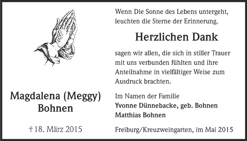  Traueranzeige für Magdalena Bohnen vom 24.05.2015 aus  Blickpunkt Euskirchen 
