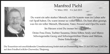 Anzeige von Manfred Piehl von Kölner Stadt-Anzeiger / Kölnische Rundschau / Express