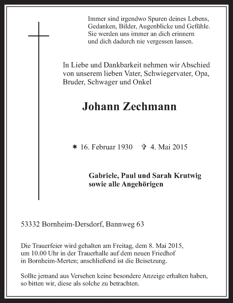 Traueranzeige für Johann Zechmann vom 06.05.2015 aus  Schaufenster/Blickpunkt 