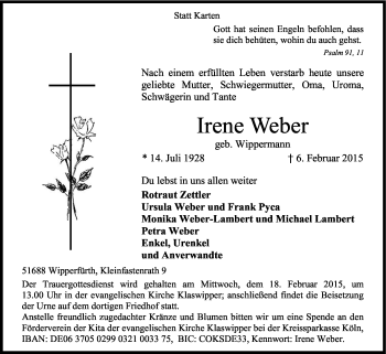 Anzeige von Irene Weber von Kölner Stadt-Anzeiger / Kölnische Rundschau / Express