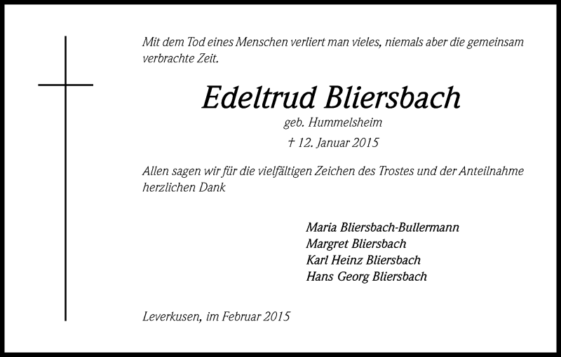  Traueranzeige für Edeltrud Bliersbach vom 21.02.2015 aus Kölner Stadt-Anzeiger / Kölnische Rundschau / Express