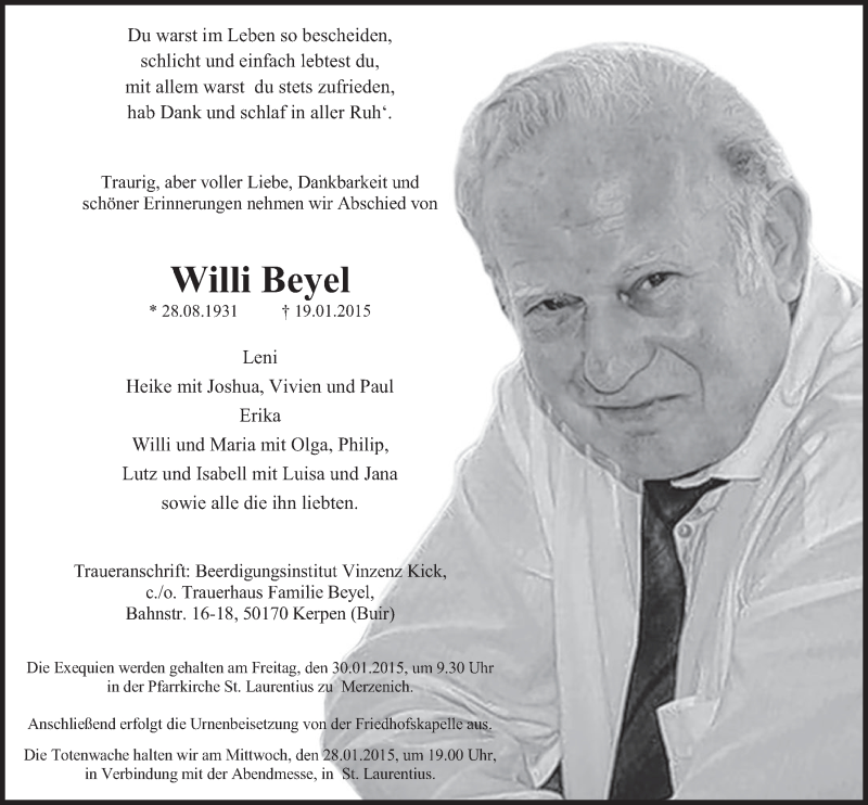  Traueranzeige für Willi Beyel vom 28.01.2015 aus  Werbepost 