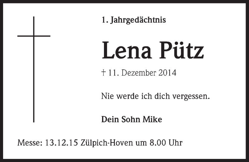  Traueranzeige für Lena Pütz vom 06.12.2015 aus  Blickpunkt Euskirchen 