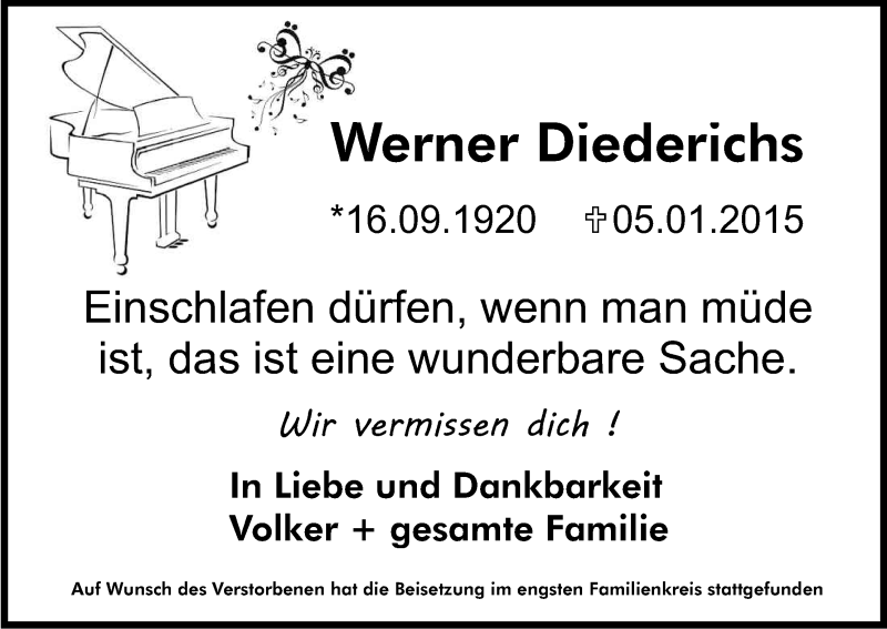  Traueranzeige für Werner Diederichs vom 17.01.2015 aus Kölner Stadt-Anzeiger / Kölnische Rundschau / Express