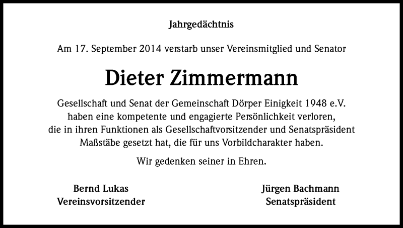  Traueranzeige für Dieter Zimmermann vom 24.09.2015 aus Kölner Stadt-Anzeiger / Kölnische Rundschau / Express